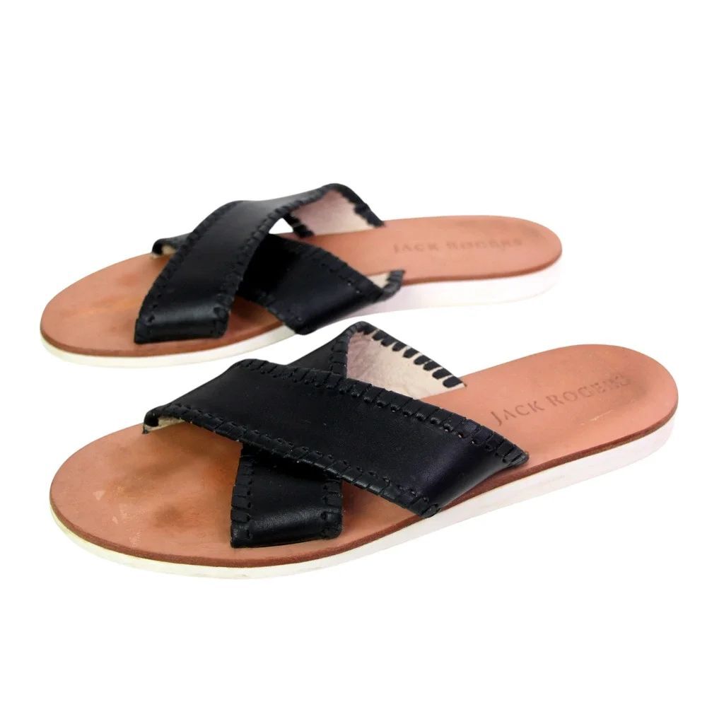 Jack Rogers BLACK GENUINE LEATHER FLAT OPEN TOE SANDALS MULES SHOES Size 9M